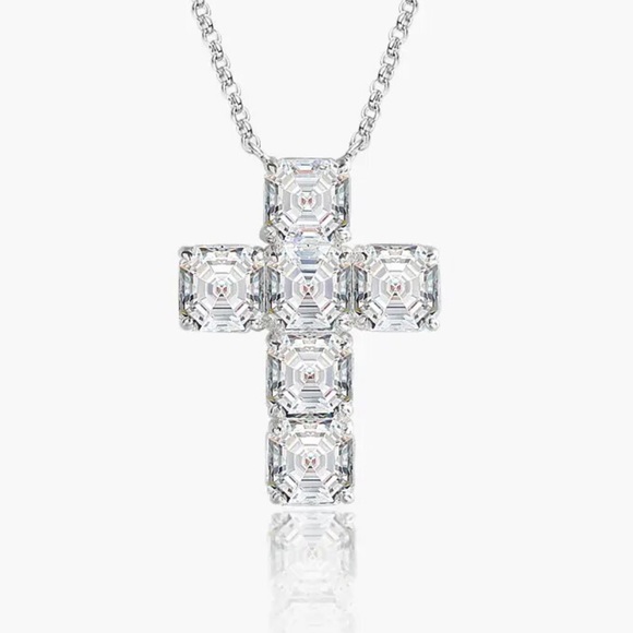 Simulated Diamond Cross 925 Silver Necklace - Picture 3 of 10